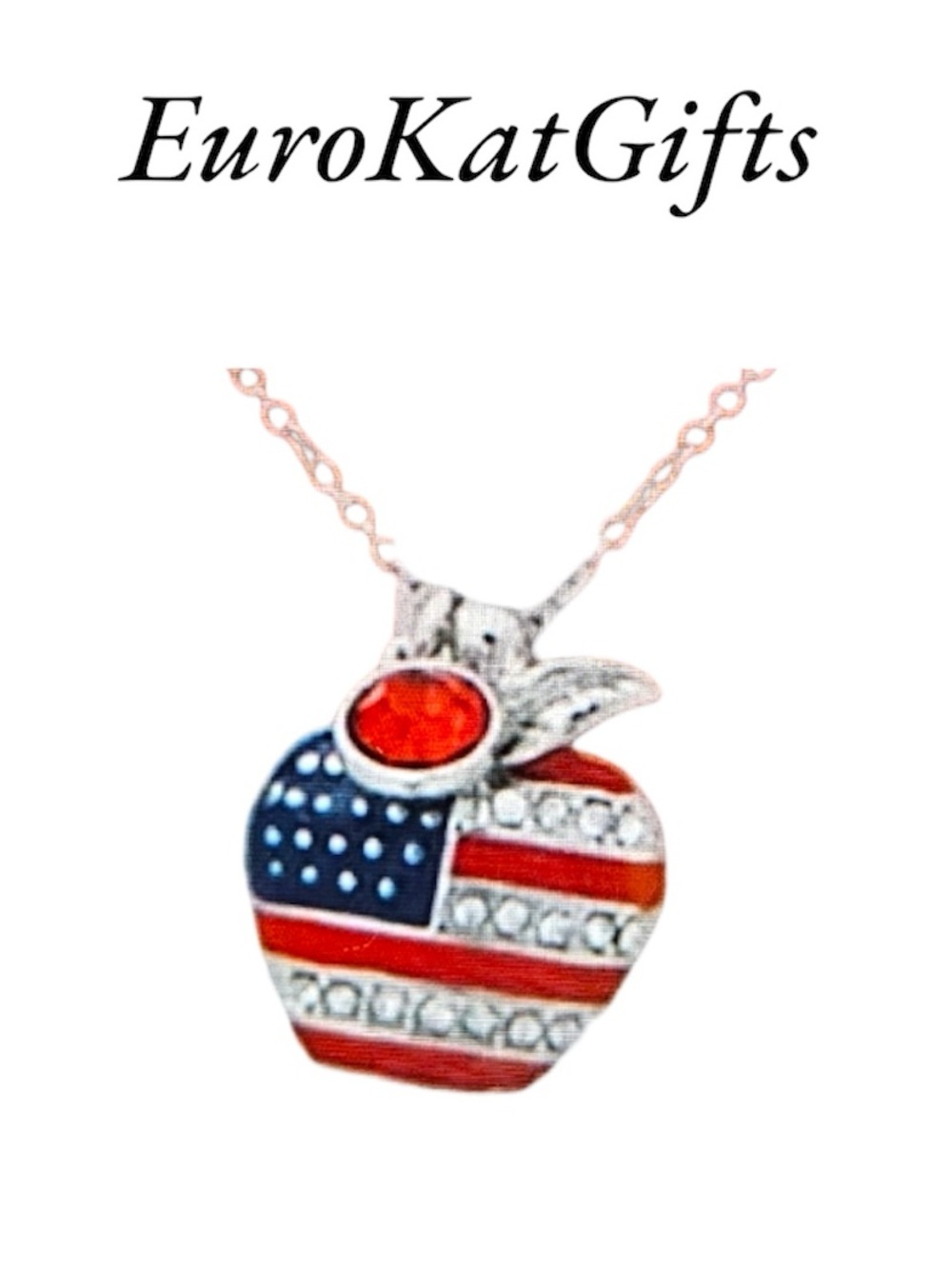 Patriotic Red, White & Blue American Flag Apple Pendant Necklace NEW